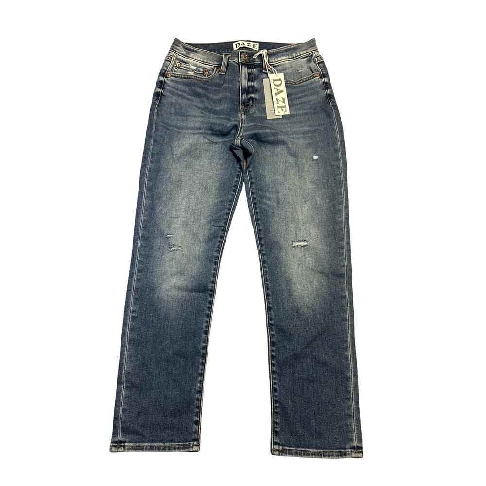 Daze Denim Womens Jeans 28 The OG High Rise Slim Straight Wide Ankle Blue